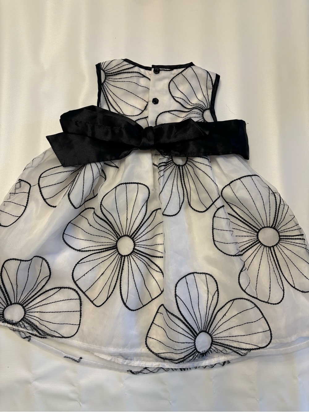 Girls Black & White Floral Organza Party Dress with Satin Waist Bow